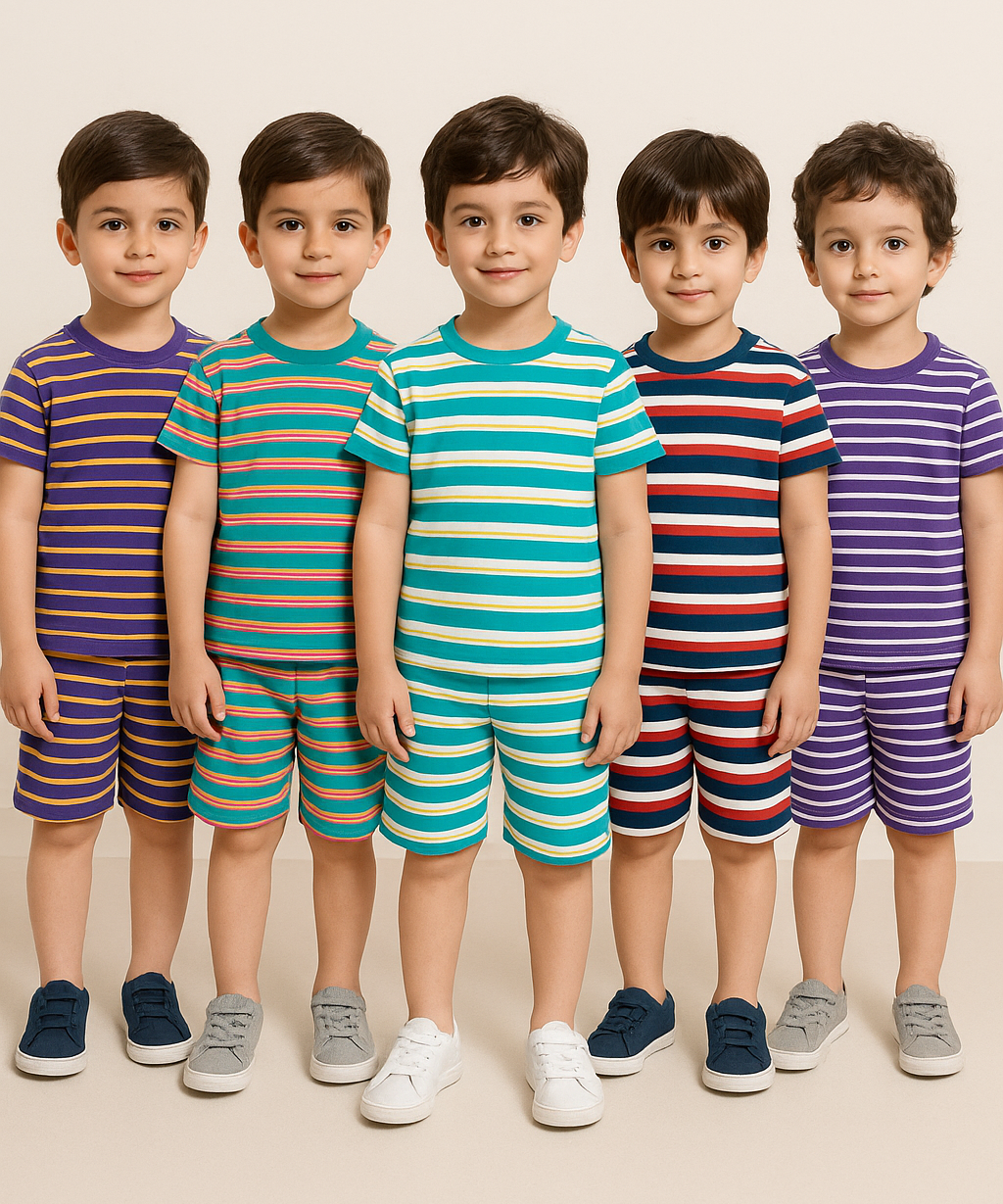 Boys Cotton Stripes Kids Co-ord Set Combo / Age 1-4 Years (Tshirt & Shorts Set Pack of 5)