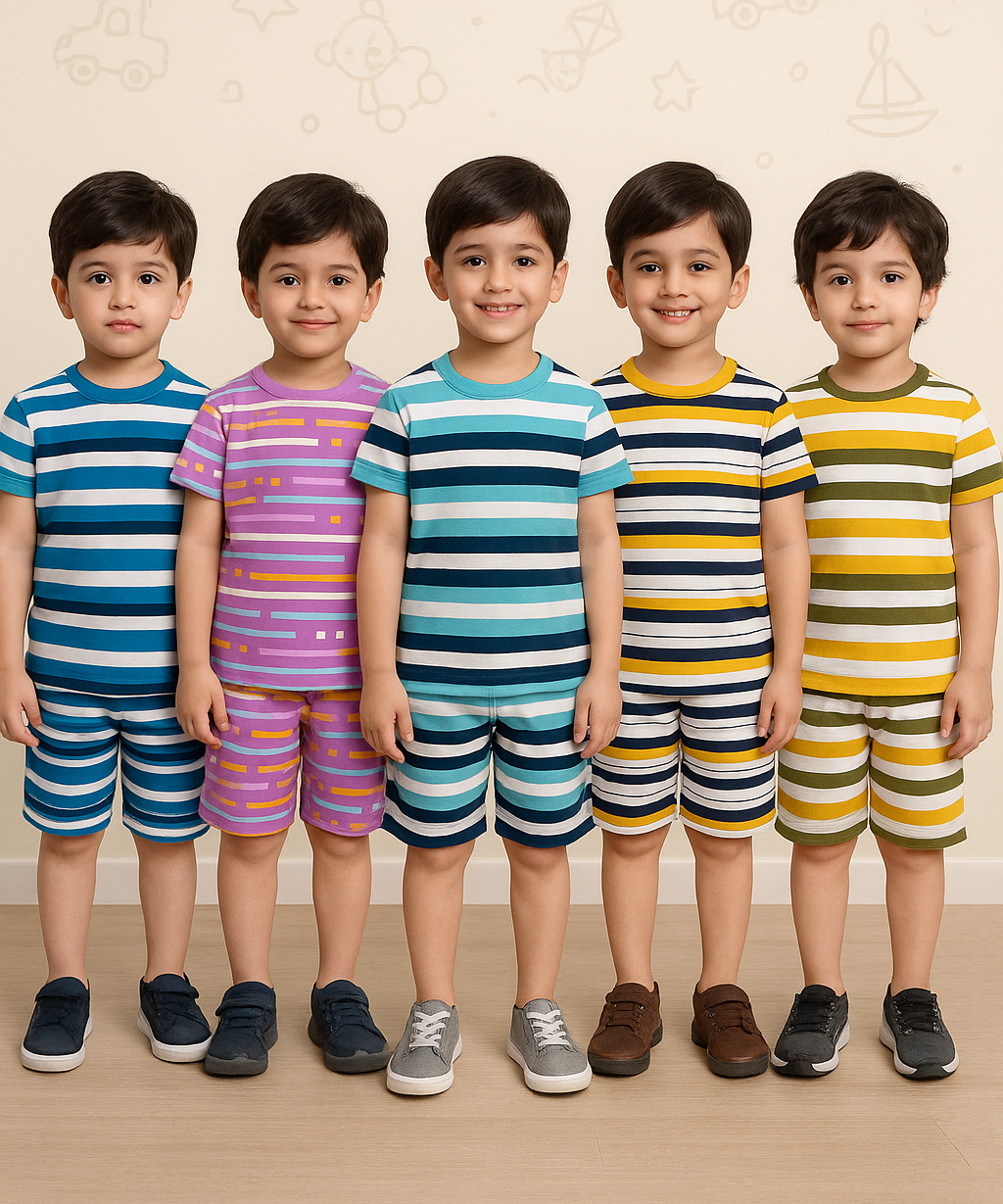 Boys Cotton Stripes Kids Co-ord Set Combo / Age 1-4 Years (Tshirt & Shorts Set Pack of 5)