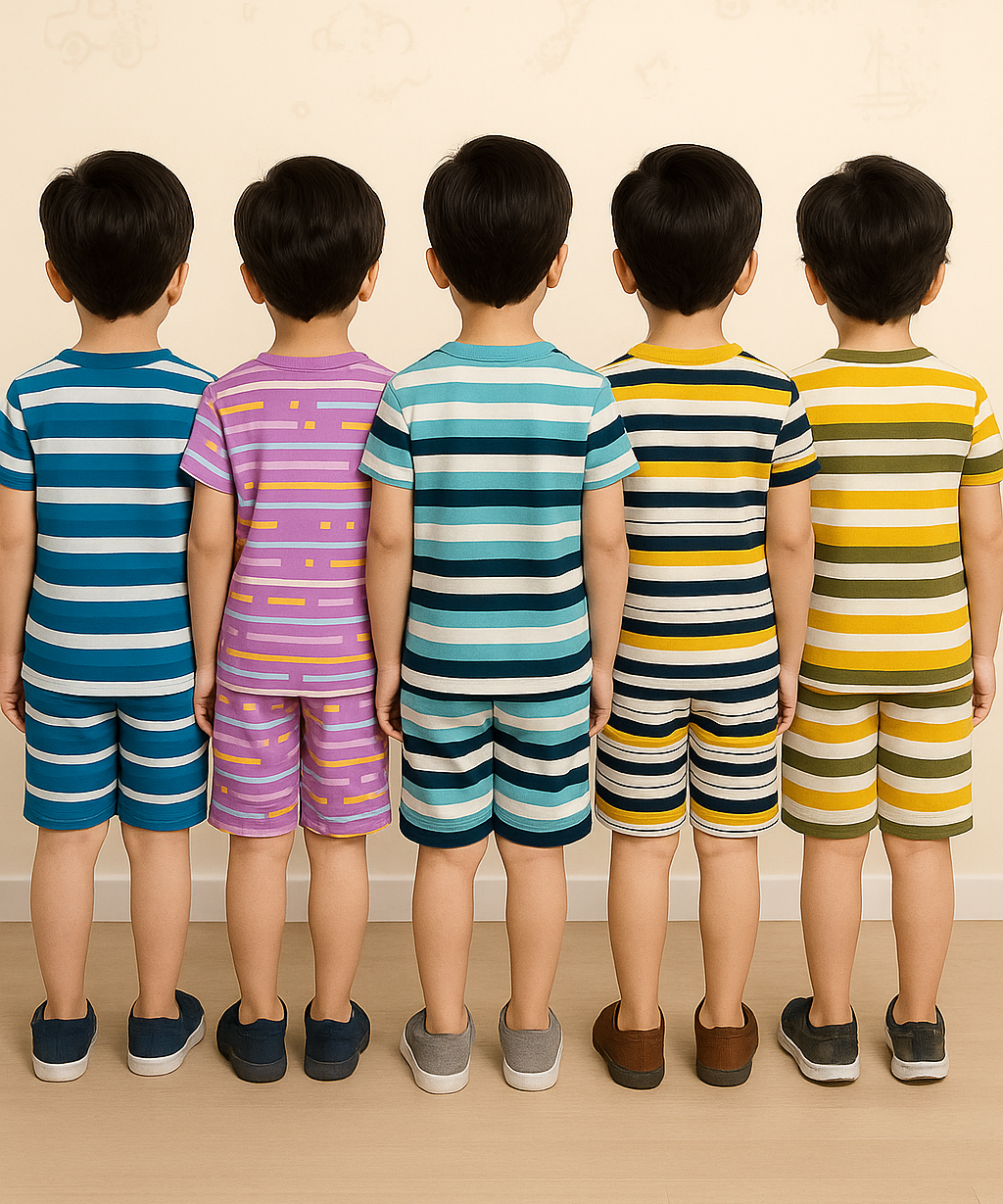 Boys Cotton Stripes Kids Co-ord Set Combo / Age 1-4 Years (Tshirt & Shorts Set Pack of 5)
