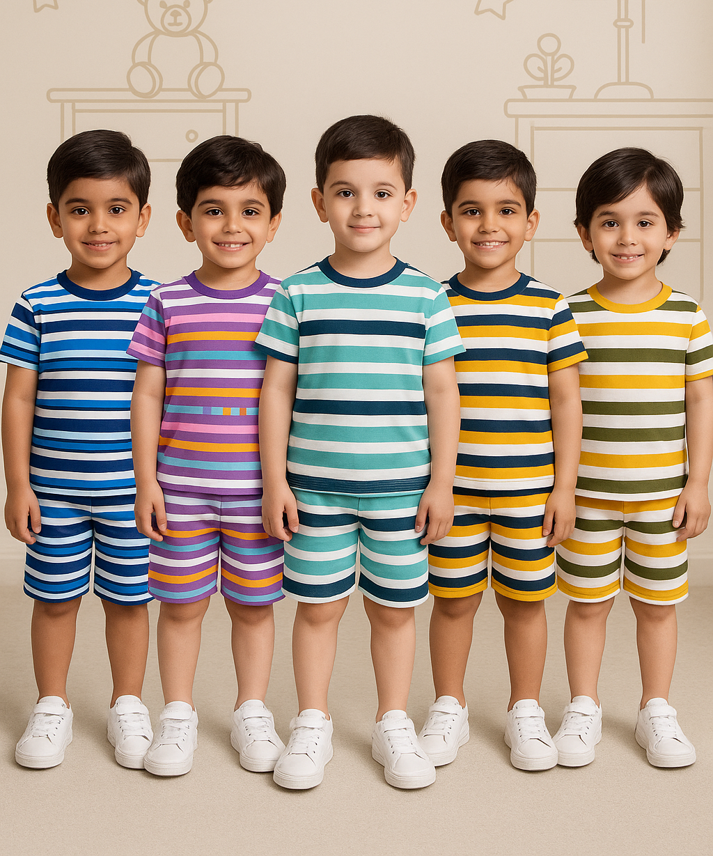 Boys Cotton Stripes Kids Co-ord Set Combo / Age 1-4 Years (Tshirt & Shorts Set Pack of 5)