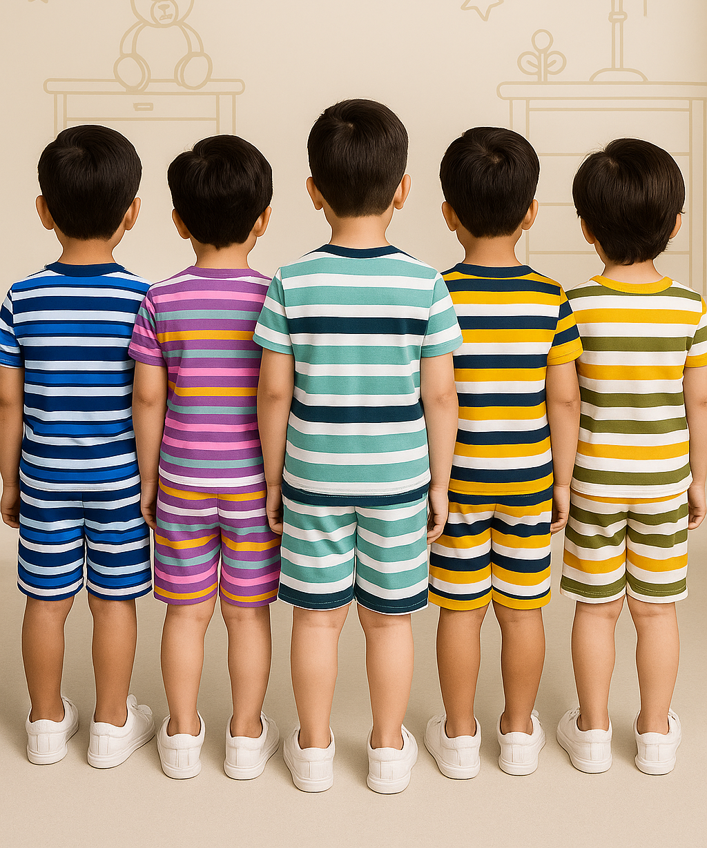 Boys Cotton Stripes Kids Co-ord Set Combo / Age 1-4 Years (Tshirt & Shorts Set Pack of 5)