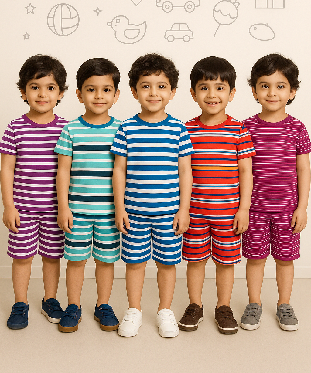 Boys Cotton Stripes Kids Co-ord Set Combo / Age 1-4 Years (Tshirt & Shorts Set Pack of 5)