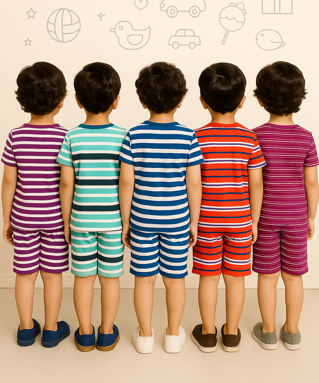 Boys Cotton Stripes Kids Co-ord Set Combo / Age 1-4 Years (Tshirt & Shorts Set Pack of 5)