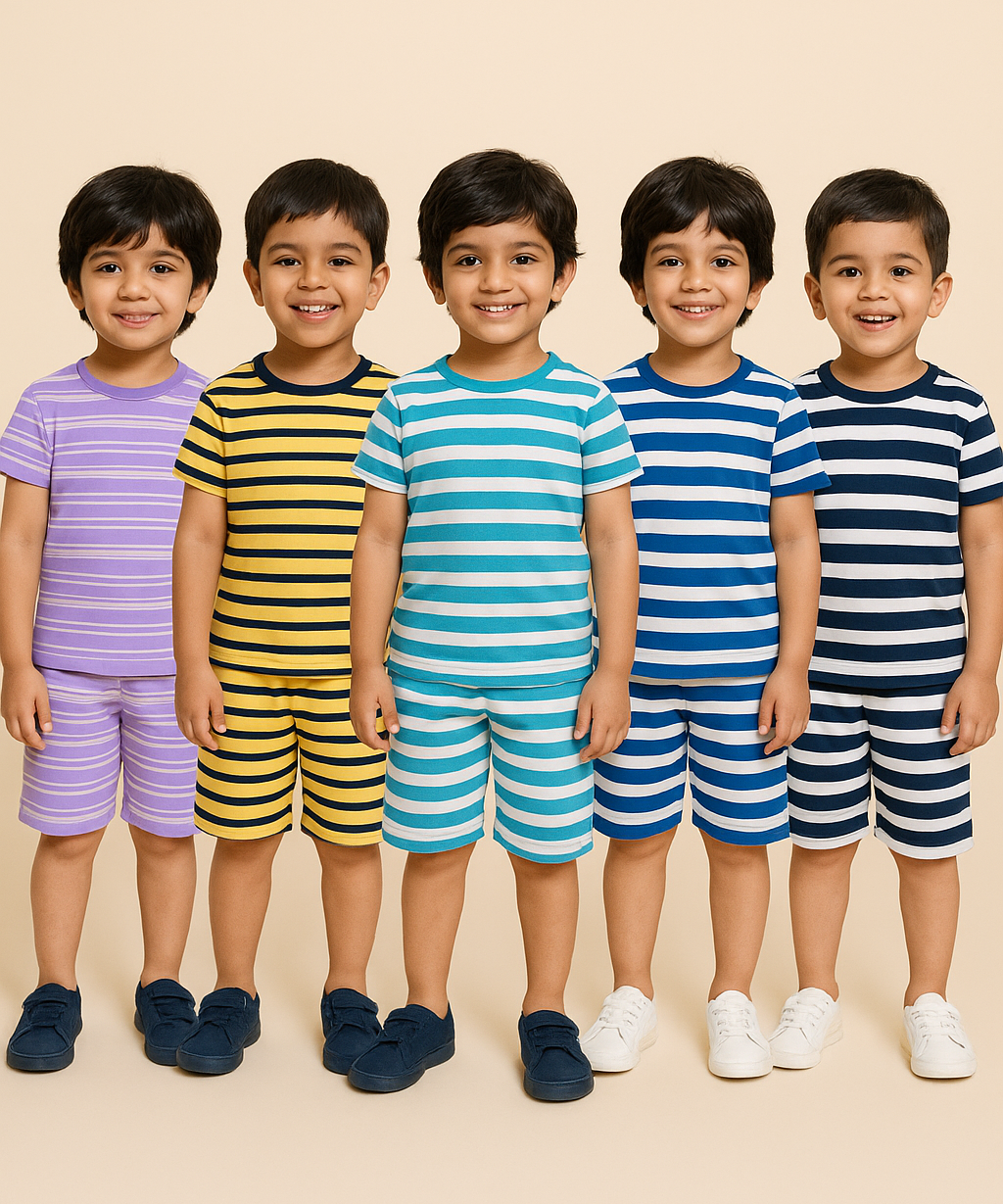 Boys Cotton Stripes Kids Co-ord Set Combo / Age 1-4 Years (Tshirt & Shorts Set Pack of 5)
