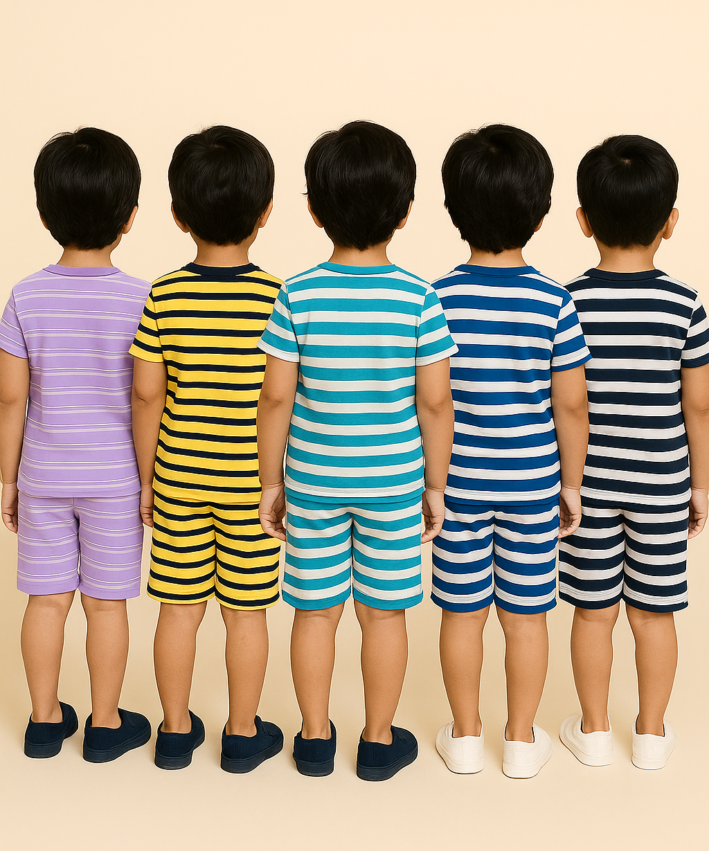 Boys Cotton Stripes Kids Co-ord Set Combo / Age 1-4 Years (Tshirt & Shorts Set Pack of 5)