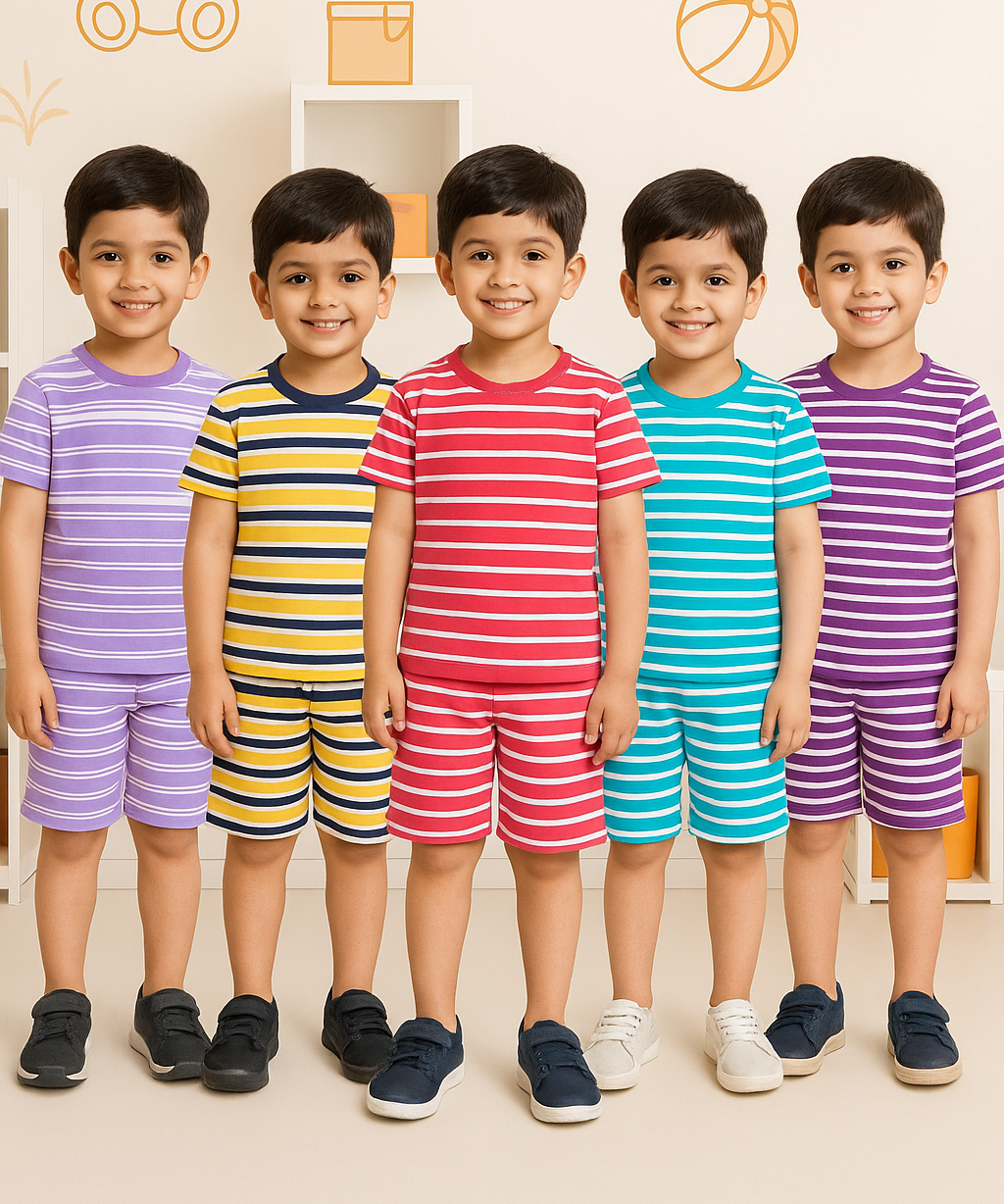 Boys Cotton Stripes Kids Co-ord Set Combo / Age 1-4 Years (Tshirt & Shorts Set Pack of 5)