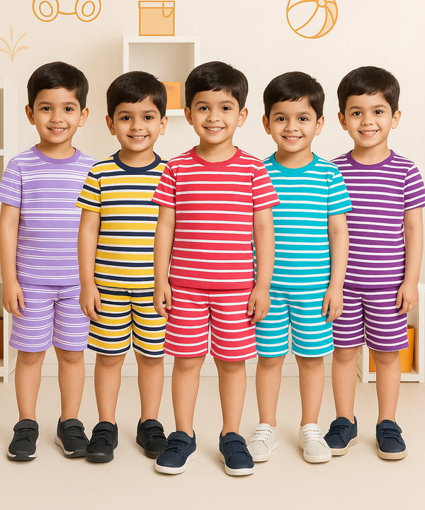 Boys Cotton Stripes Kids Co-ord Set Combo / Age 0-4 Years | Tshirt & Shorts (Combo Set Pack of 5)