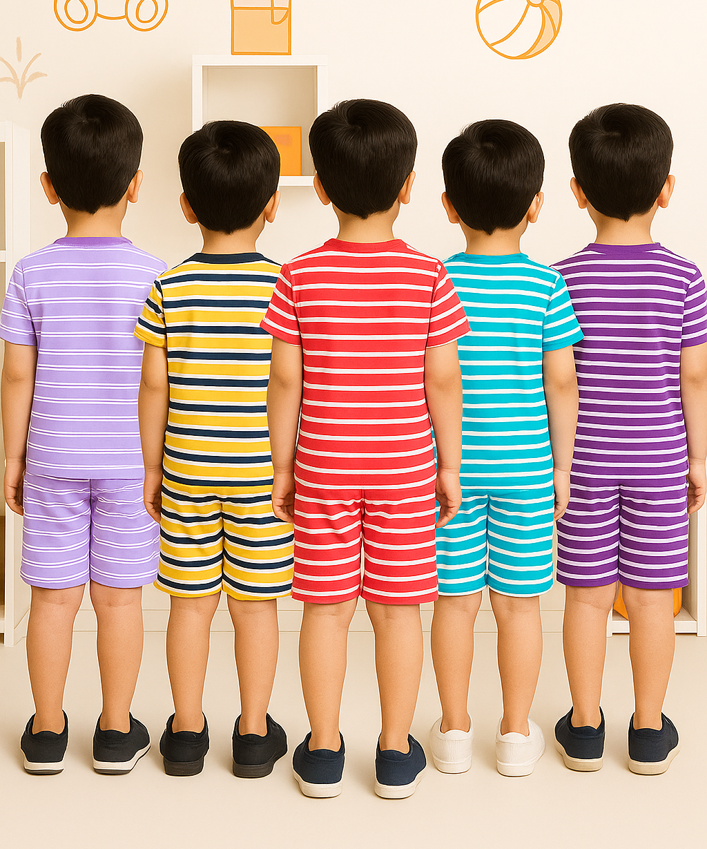 Boys Cotton Stripes Kids Co-ord Set Combo / Age 1-4 Years (Tshirt & Shorts Set Pack of 5)