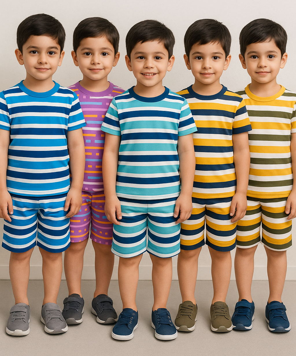 Boys Cotton Stripes Kids Co-ord Set Combo / Age 1-4 Years (Tshirt & Shorts Set Pack of 5)