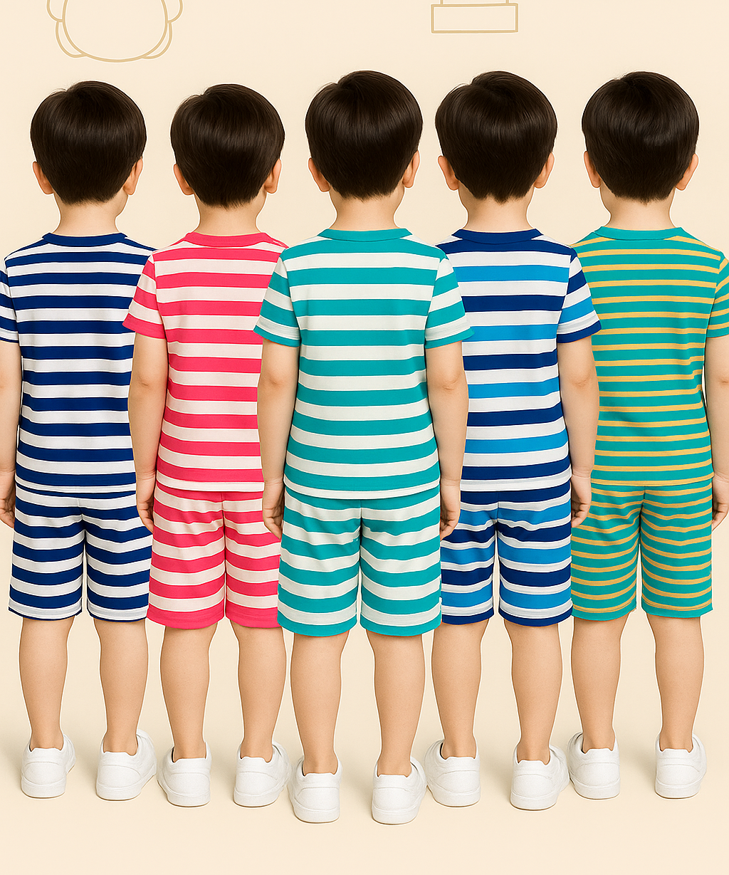 Boys Cotton Stripes Kids Co-ord Set Combo / Age 1-4 Years (Tshirt & Shorts Set Pack of 5)