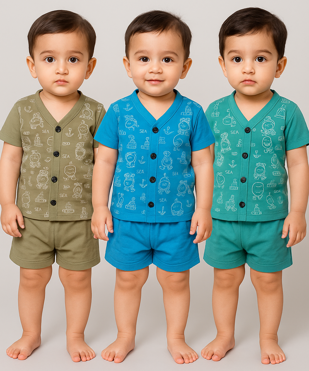 Boy & Girl Babies Jabla Co-ord Set | Tshirt and Shorts for Infant and New Born Babies | Age 0-12 Months (Pack of 3) - 2124