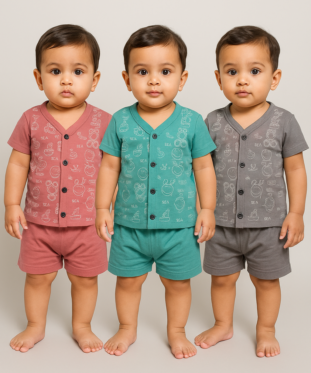 Boy & Girl Babies Jabla Co-ord Set | Tshirt and Shorts for Infant and New Born Babies | Age 0-12 Months (Pack of 3) - 2124