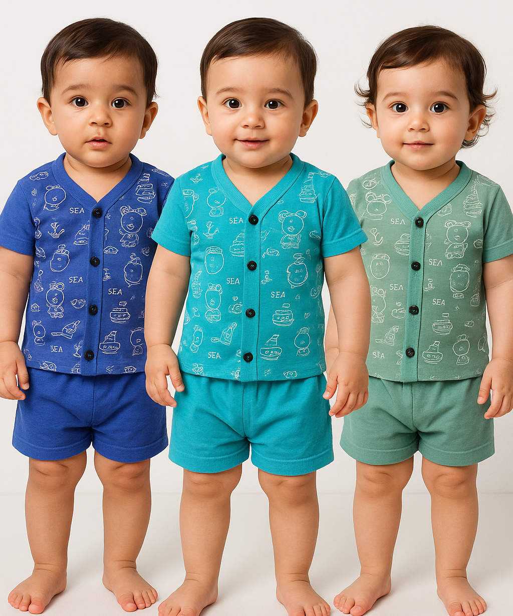 Boy & Girl Babies Jabla Co-ord Set | Tshirt and Shorts for Infant and New Born Babies | Age 0-12 Months (Pack of 3) - 2124