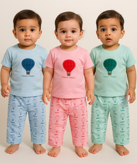 Boy & Girl Baby Printed Co-ord Set Dress | Tshirt & Track Pant Set | 100% Pure Cotton | Age 0 to 12 Months (Pack of 3 Sets Combo) - 2125