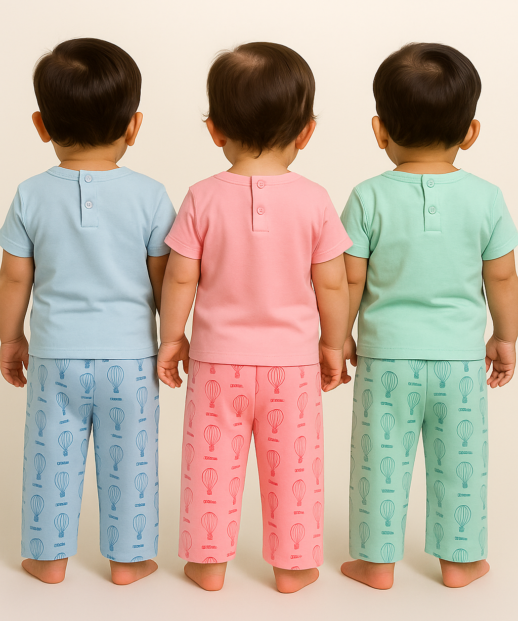 Boy & Girl Baby Printed Co-ord Set Dress | Tshirt & Track Pant Set | 100% Pure Cotton | Age 0 to 12 Months (Pack of 3 Sets Combo) - 2125