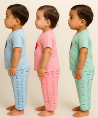 Boy & Girl Baby Printed Co-ord Set Dress | Tshirt & Track Pant Set | 100% Pure Cotton | Age 0 to 12 Months (Pack of 3 Sets Combo) - 2125