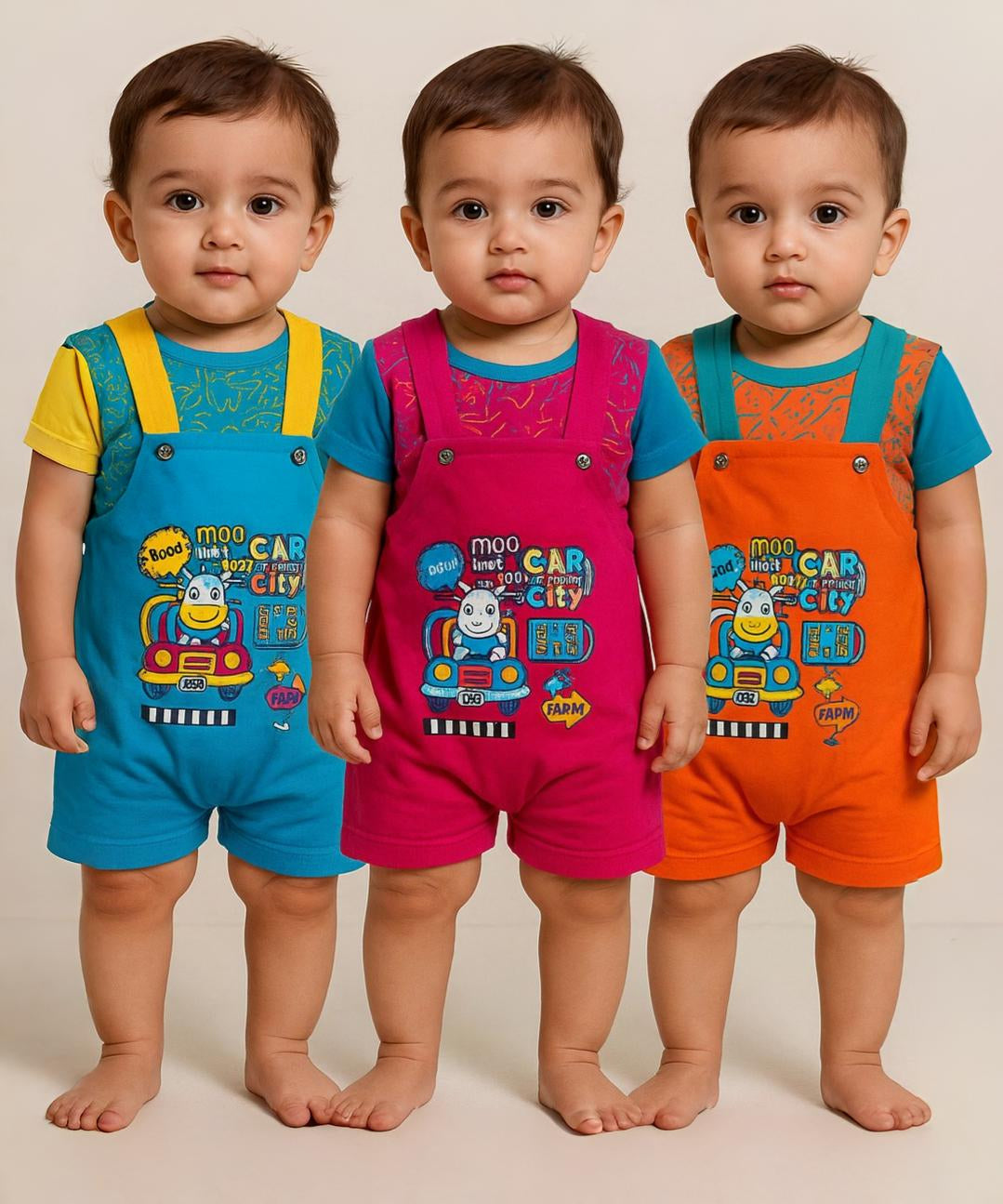 Boy & Girl Baby Printed Romper Suit Dress | Dungaree Set | 100% Pure Cotton (Pack of 3 Sets Combo) | Age 12 to 18 Months - 87