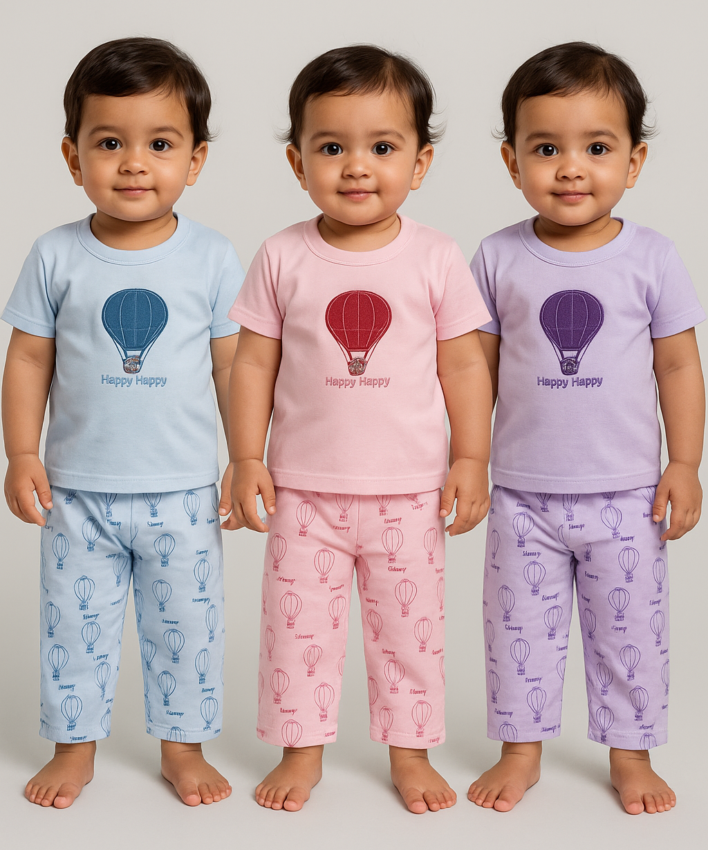 Boy & Girl Baby Printed Co-ord Set Dress | Tshirt & Track Pant Set | 100% Pure Cotton | Age 0 to 12 Months (Pack of 3 Sets Combo) - 2125