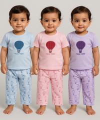 Boy & Girl Baby Printed Co-ord Set Dress | Tshirt & Track Pant Set | 100% Pure Cotton | Age 0 to 12 Months (Pack of 3 Sets Combo) - 2125