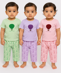 Boy & Girl Baby Printed Co-ord Set Dress | Tshirt & Track Pant Set | 100% Pure Cotton | Age 0 to 12 Months (Pack of 3 Sets Combo) - 2125