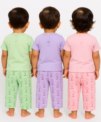 Boy & Girl Baby Printed Co-ord Set Dress | Tshirt & Track Pant Set | 100% Pure Cotton | Age 0 to 12 Months (Pack of 3 Sets Combo) - 2125