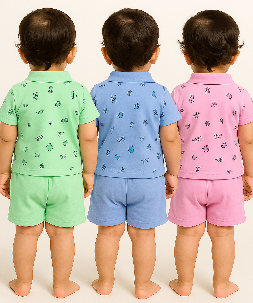 Boy & Girl Baby Unisex Cotton Polo/Collar Babies Co-ord Set Combo / Age 0-18 Months (Tshirt & Shorts Set Pack of 3) - 2120