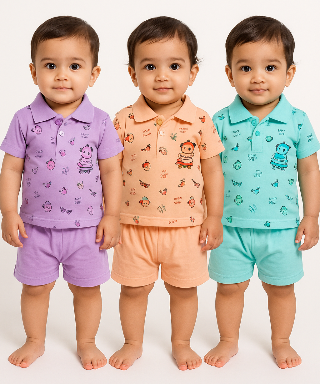Boy & Girl Baby Unisex Cotton Polo/Collar Babies Co-ord Set Combo / Age 0-18 Months (Tshirt & Shorts Set Pack of 3) - 2120