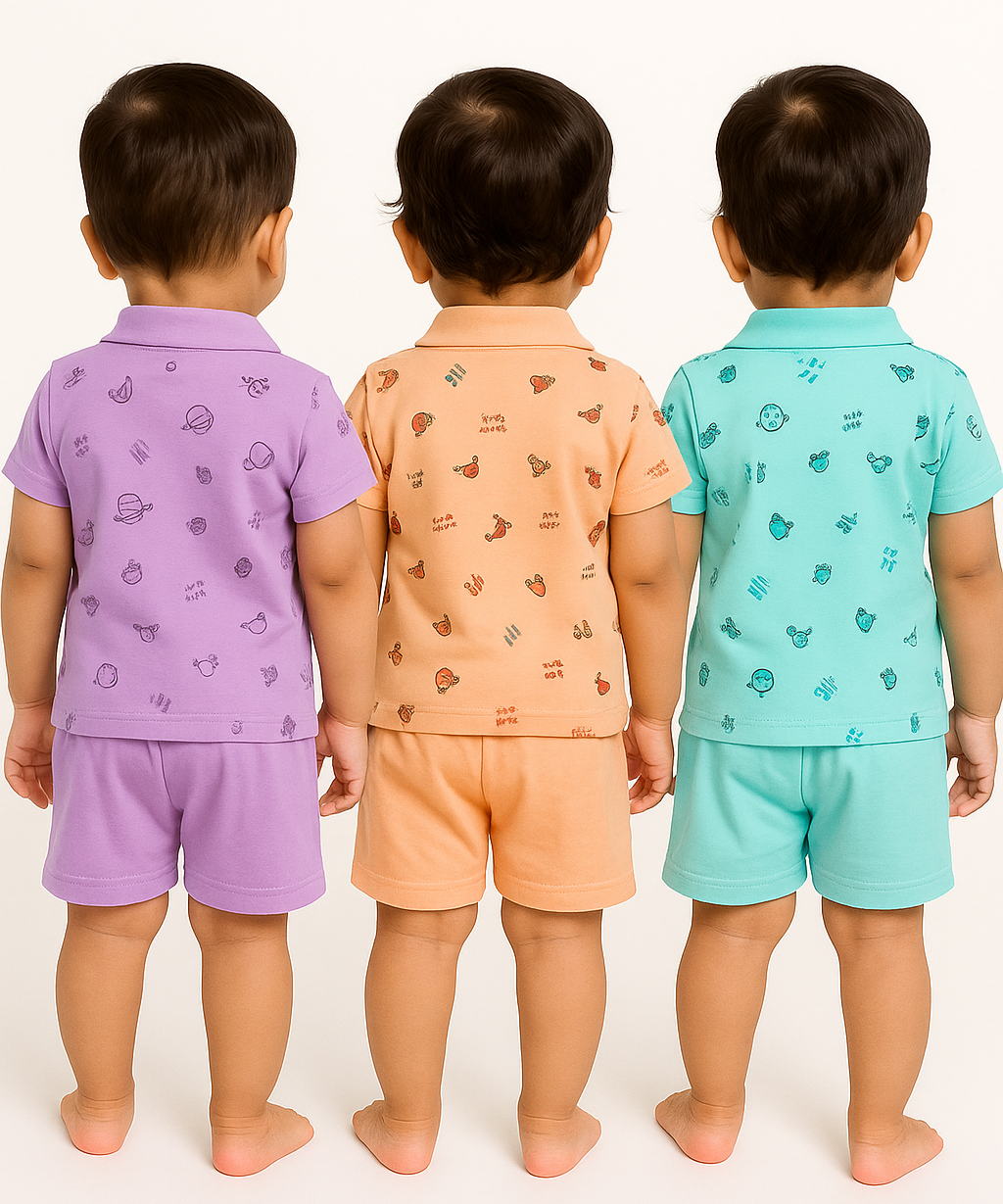 Boy & Girl Baby Unisex Cotton Polo/Collar Babies Co-ord Set Combo / Age 0-18 Months (Tshirt & Shorts Set Pack of 3) - 2120