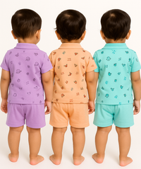 Boy & Girl Baby Unisex Cotton Polo/Collar Babies Co-ord Set Combo / Age 0-18 Months (Tshirt & Shorts Set Pack of 3) - 2120