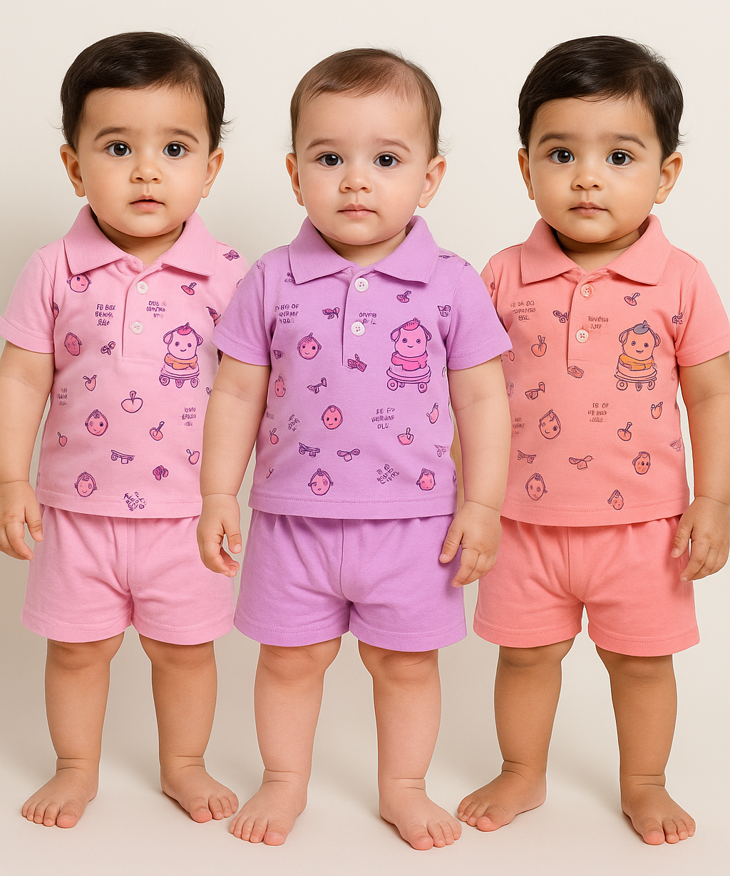 Boy & Girl Baby Unisex Cotton Polo/Collar Babies Co-ord Set Combo / Age 0-18 Months (Tshirt & Shorts Set Pack of 3) - 2120
