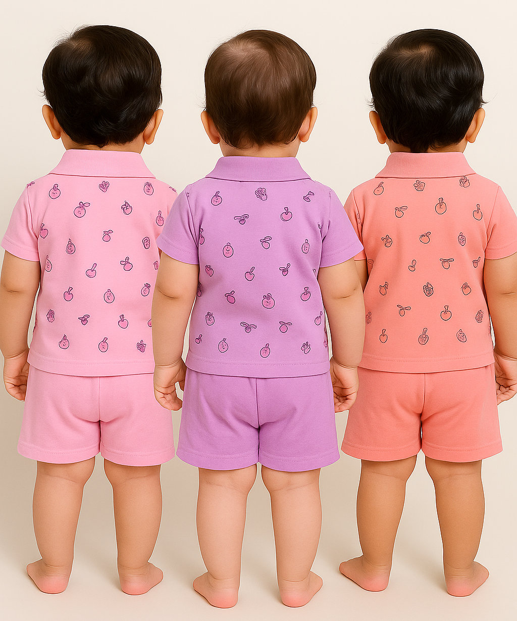Boy & Girl Baby Unisex Cotton Polo/Collar Babies Co-ord Set Combo / Age 0-18 Months (Tshirt & Shorts Set Pack of 3) - 2120