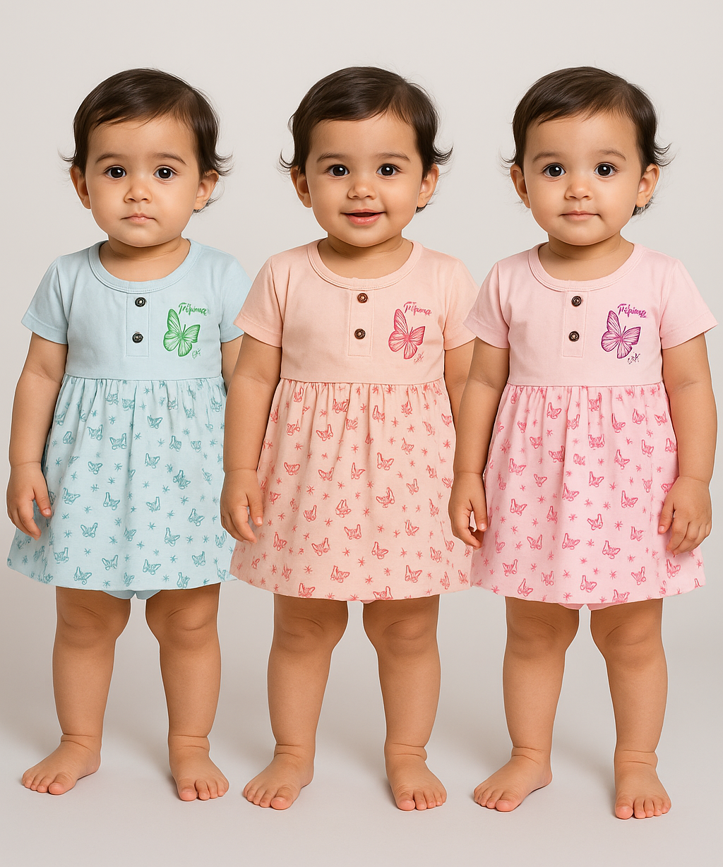 Girl Baby Frock and Underwear Set | 100% Cotton Printed Gown Dress/Frock Dress | Age 0-12 Months (Pack of 3 Sets)