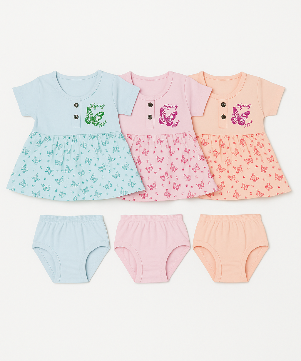 Girl Baby Frock and Underwear Set | 100% Cotton Printed Gown Dress/Frock Dress | Age 0-12 Months (Pack of 3 Sets)