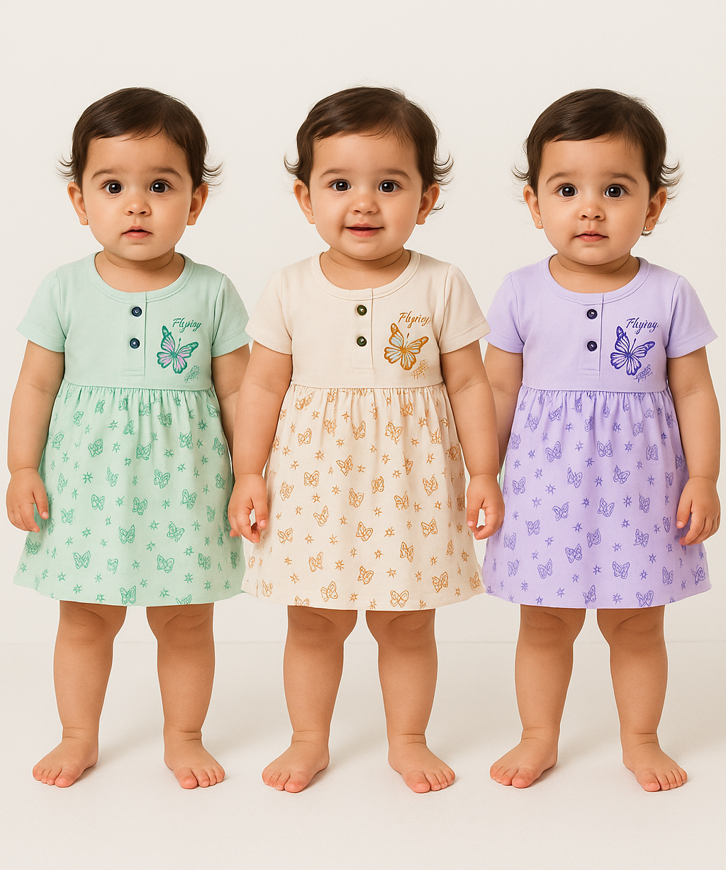 Girl Baby Frock and Underwear Set | 100% Cotton Printed Gown Dress/Frock Dress | Age 0-12 Months (Pack of 3 Sets)