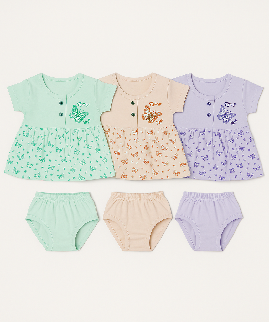 Girl Baby Frock and Underwear Set | 100% Cotton Printed Gown Dress/Frock Dress | Age 0-12 Months (Pack of 3 Sets)