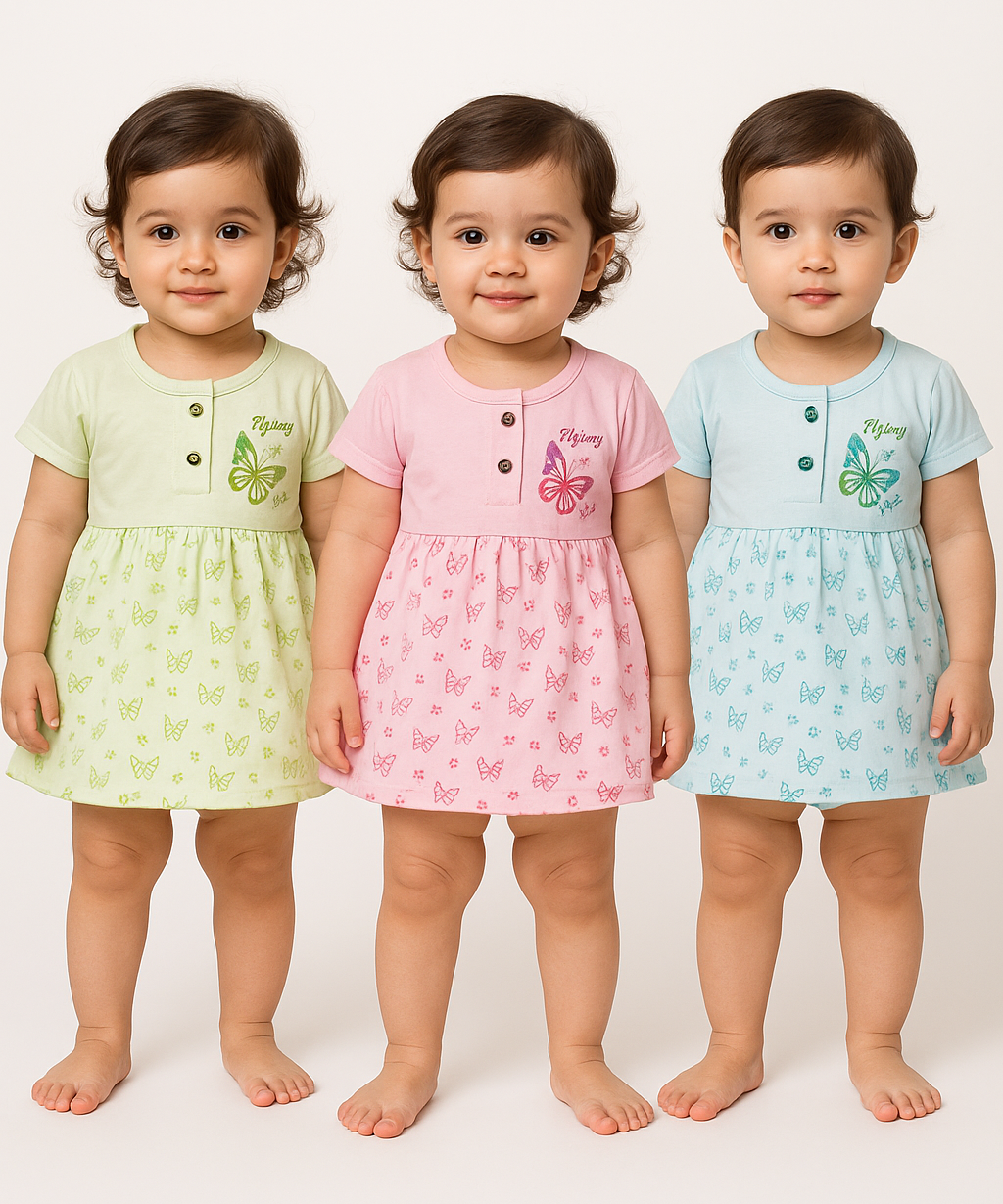 Girl Baby Frock and Underwear Set | 100% Cotton Printed Gown Dress/Frock Dress | Age 0-12 Months (Pack of 3 Sets)