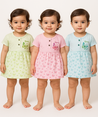 Girl Baby Frock and Underwear Set | 100% Cotton Printed Gown Dress/Frock Dress | Age 0-12 Months (Pack of 3 Sets)