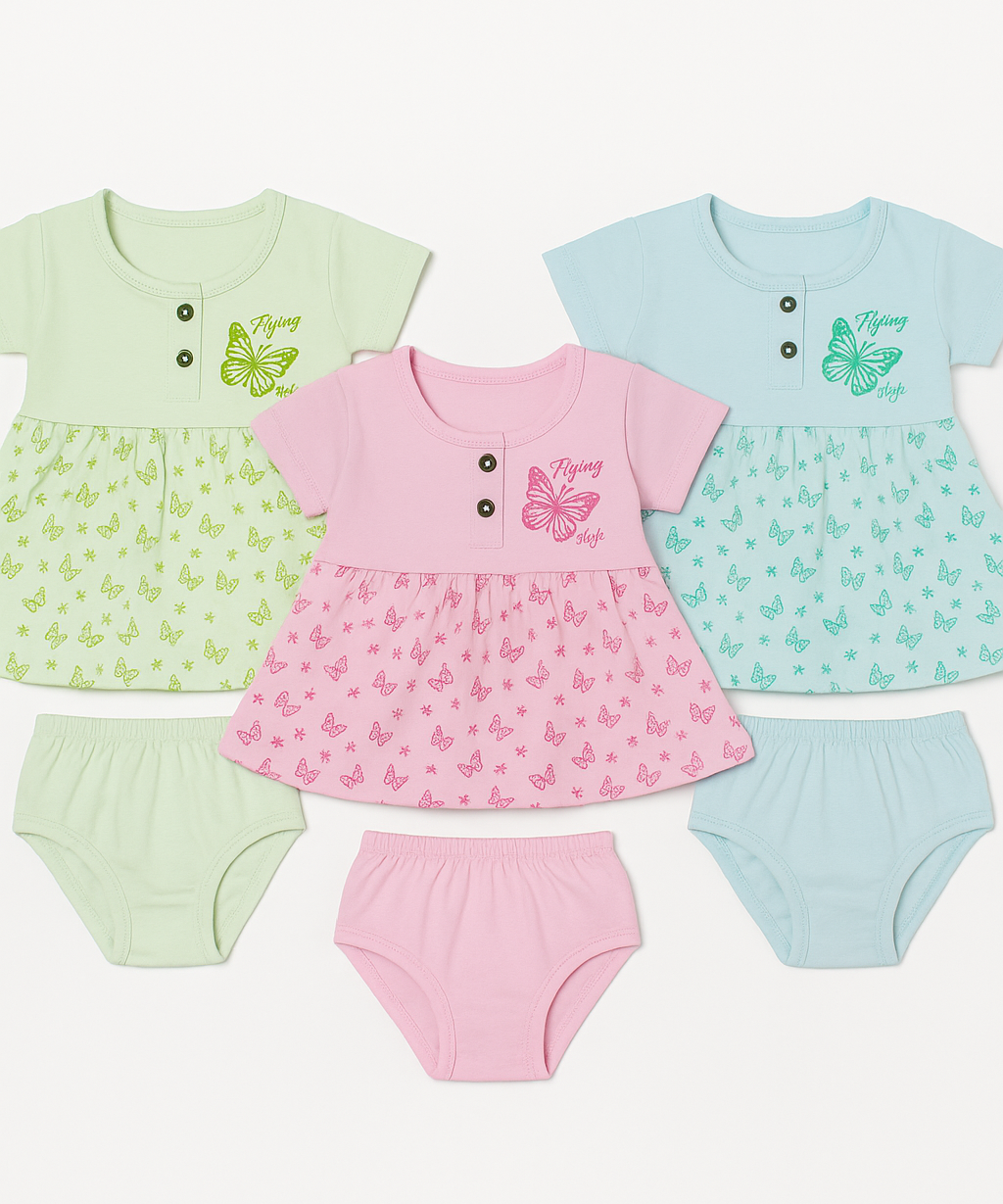 Girl Baby Frock and Underwear Set | 100% Cotton Printed Gown Dress/Frock Dress | Age 0-12 Months (Pack of 3 Sets)
