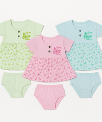 Girl Baby Frock and Underwear Set | 100% Cotton Printed Gown Dress/Frock Dress | Age 0-12 Months (Pack of 3 Sets)