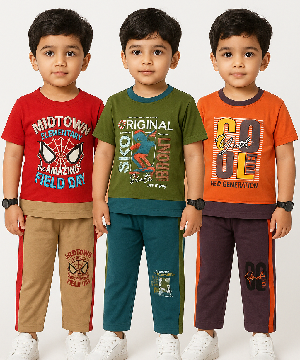 Boy Kid Co-ord Set | Half sleeve Tshirt and Trackpant for Boy Kids | Sizes Age 1 to 3 Years (Pack of 3 Set) - 927