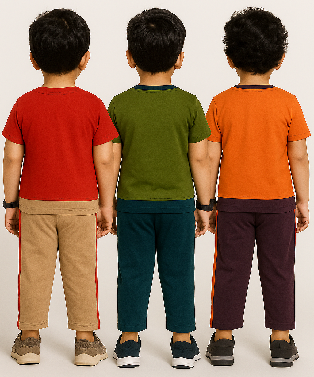 Boy Kid Co-ord Set | Half sleeve Tshirt and Trackpant for Boy Kids | Sizes Age 1 to 3 Years (Pack of 3 Set) - 927