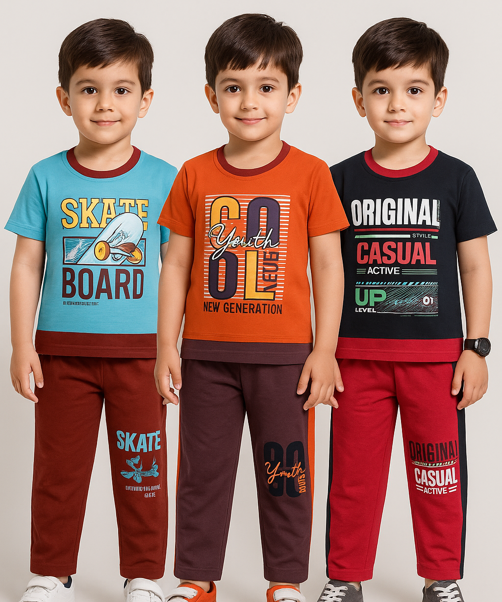 Boy Kid Co-ord Set | Half sleeve Tshirt and Trackpant for Boy Kids | Sizes Age 1 to 3 Years (Pack of 3 Set) - 927