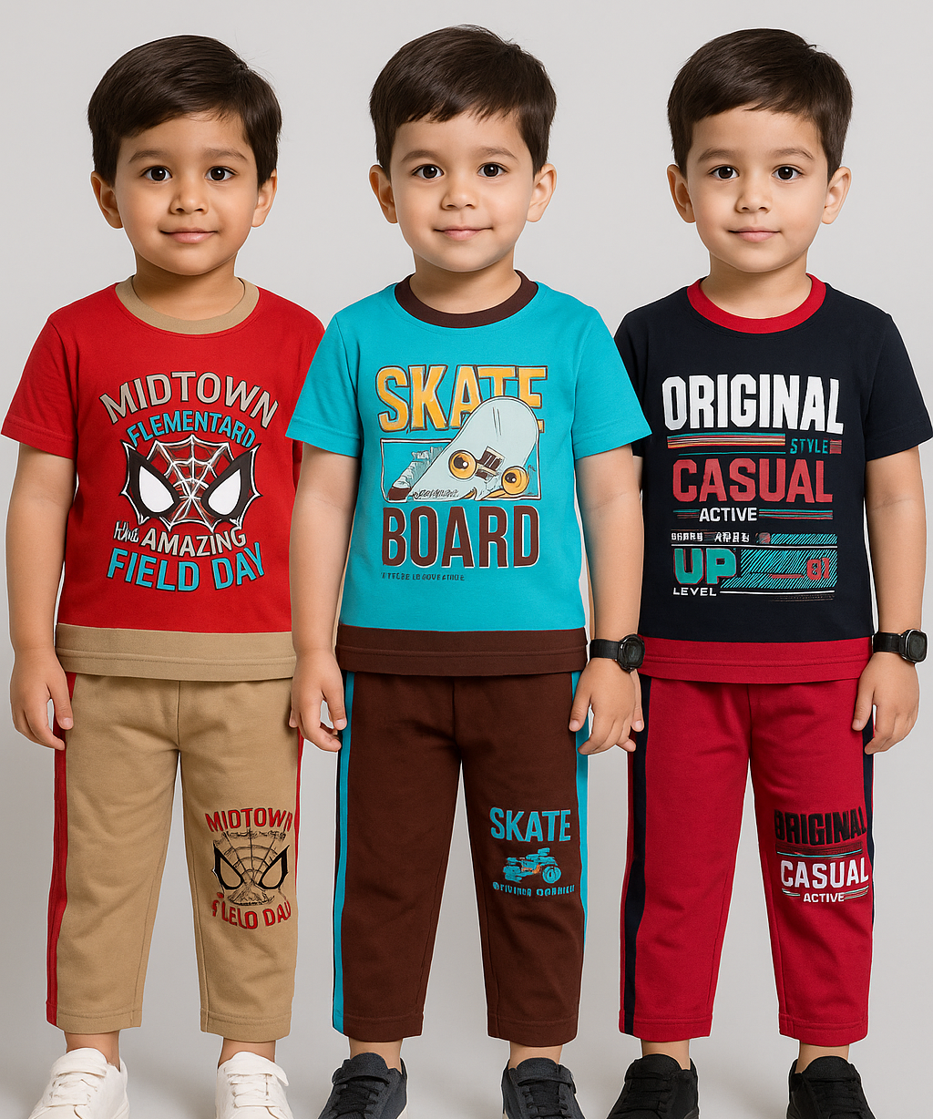 Boy Kid Co-ord Set | Half sleeve Tshirt and Trackpant for Boy Kids | Sizes Age 1 to 3 Years (Pack of 3 Set) - 927
