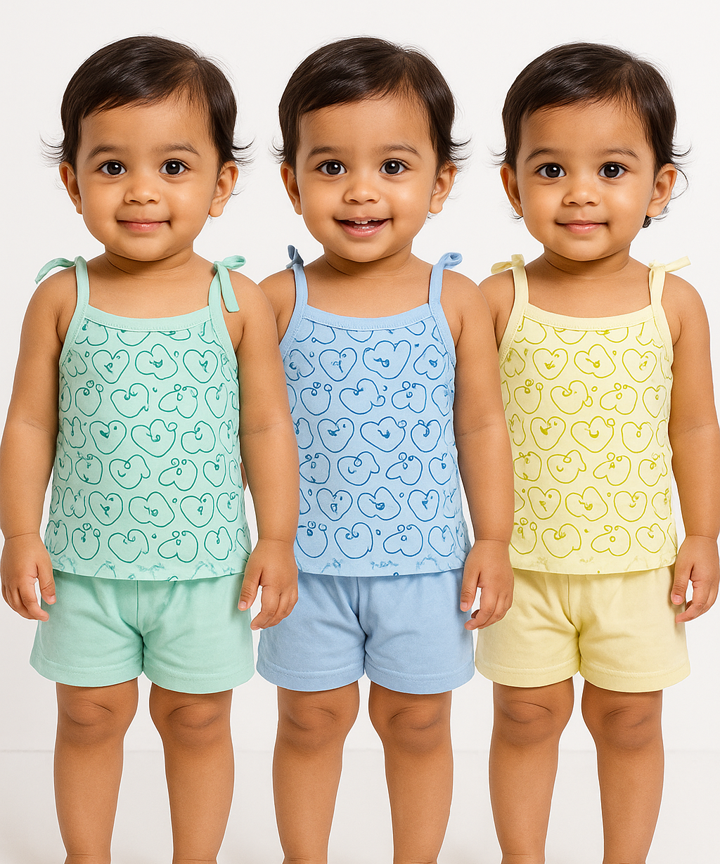 Boy & Girl Baby Printed Top Knot Dress | Top and Shorts Set | 100% Pure Cotton (Pack of 3 Sets Combo) - 2121