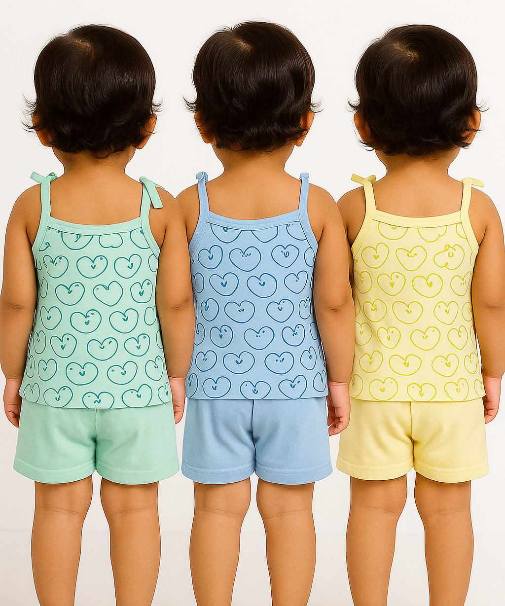 Boy & Girl Baby Printed Top Knot Dress | Top and Shorts Set | 100% Pure Cotton (Pack of 3 Sets Combo) - 2121