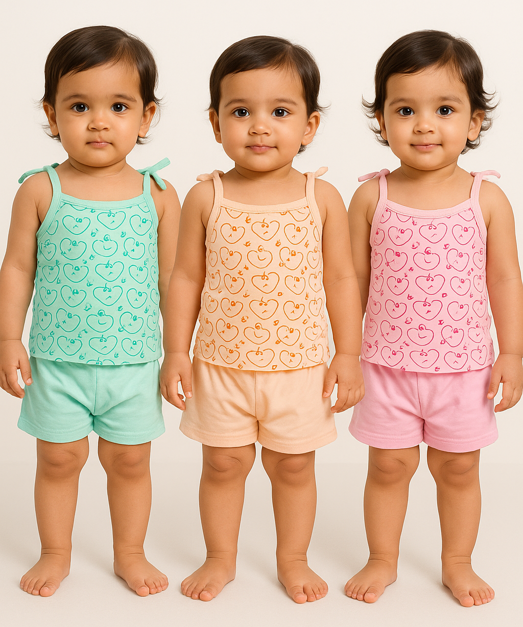 Boy & Girl Baby Printed Top Knot Dress | Top and Shorts Set | 100% Pure Cotton (Pack of 3 Sets Combo) - 2121