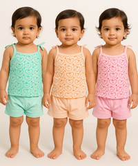 Boy & Girl Baby Printed Top Knot Dress | Top and Shorts Set | 100% Pure Cotton (Pack of 3 Sets Combo) - 2121