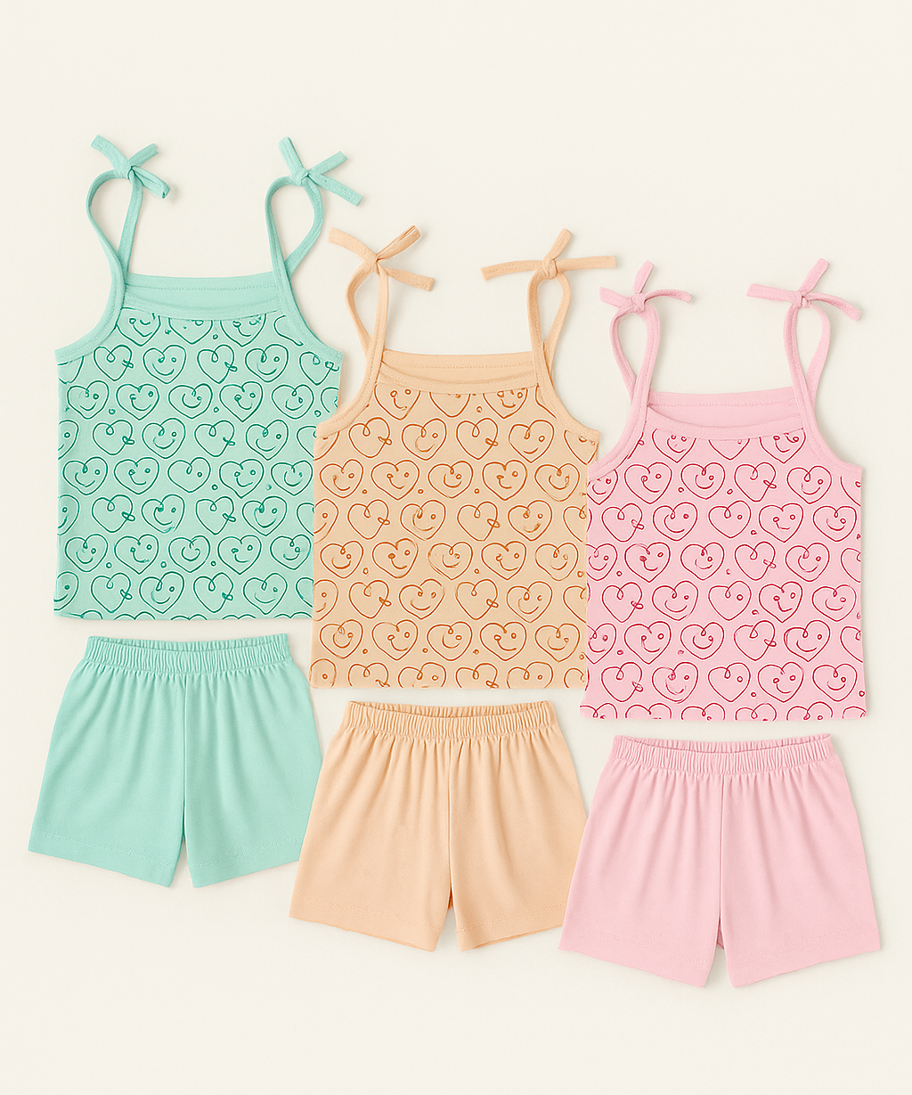 Boy & Girl Baby Printed Top Knot Dress | Top and Shorts Set | 100% Pure Cotton (Pack of 3 Sets Combo) - 2121