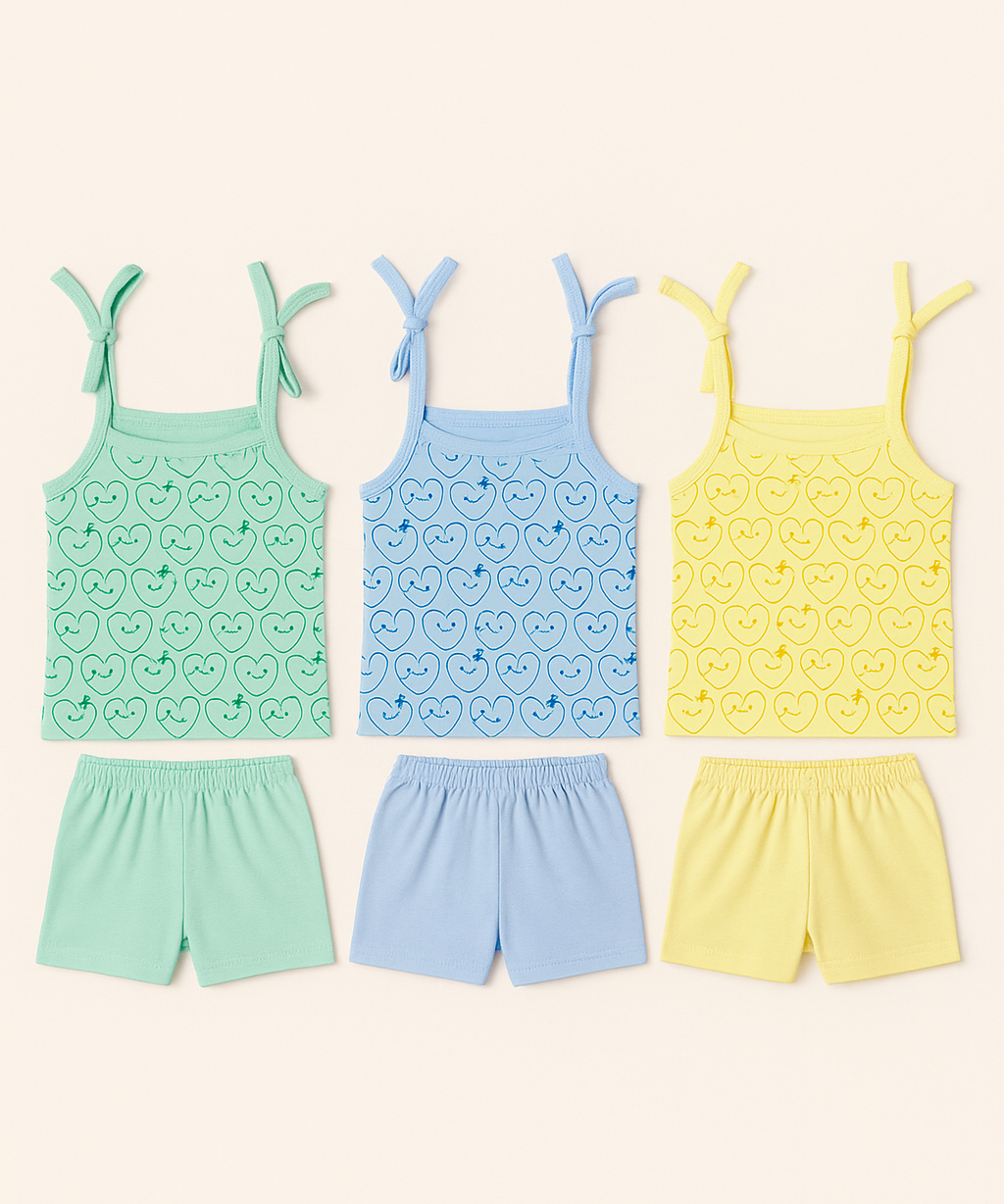Boy & Girl Baby Printed Top Knot Dress | Top and Shorts Set | 100% Pure Cotton (Pack of 3 Sets Combo) - 2121