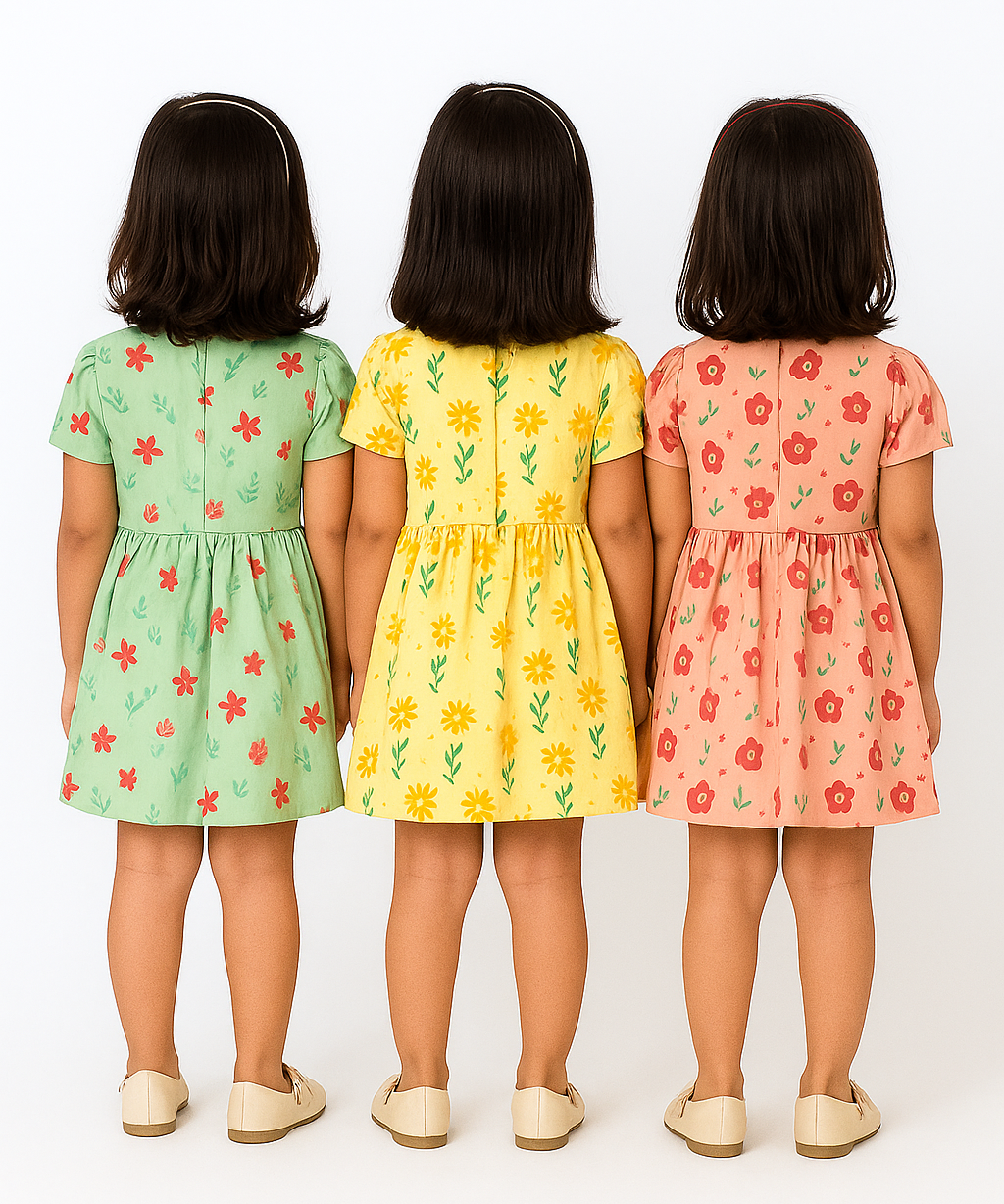 Girl Kids Frock 100% Cotton Floral Printed Gown Dress/Frock Dress | Age 1 to 5 Years (Pack of 3 Pieces)